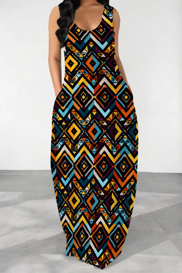 Casual Geometric Print Pocket Contrast U Neck Printed Dresses