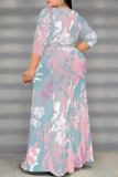 Elegant Flowers Print Lace Up Slit V Neck Printed Plus Size Dresses