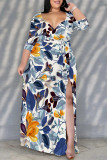 Elegant Flowers Print Lace Up Slit V Neck Printed Plus Size Dresses