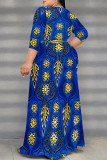 Elegant Floral Print Lace Up Slit V Neck Printed Plus Size Dresses