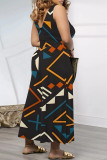 Casual Geometric Print Pocket Contrast V Neck Loose Jumpsuits