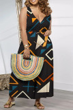 Casual Geometric Print Pocket Contrast V Neck Loose Jumpsuits