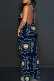Casual Print Backless Belted Halter Fitted Jumpsuits