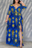 Elegant Floral Print Lace Up Slit V Neck Printed Plus Size Dresses
