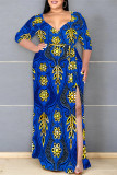Elegant Floral Print Lace Up Slit V Neck Printed Plus Size Dresses