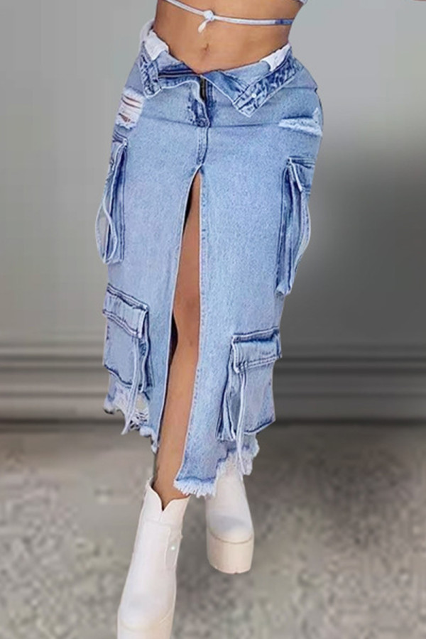 Street Solid Color Pocket Patchwork High Slit Zipper High Waist Straight Denim Skirts