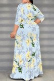 Elegant Flowers Print Lace Up Slit V Neck Printed Plus Size Dresses