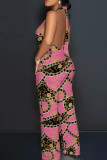 Casual Print Backless Belted Halter Fitted Jumpsuits