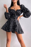 Celebrities Print Hollow Out Patchwork Backless Strap Design Square Neck A Line Dresses