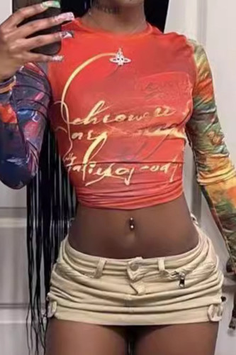 Casual Print Patchwork O Neck Tops