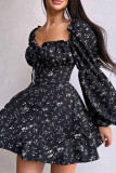 Celebrities Print Hollow Out Patchwork Backless Strap Design Square Neck A Line Dresses