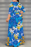 Elegant Flowers Print Lace Up Slit V Neck Printed Plus Size Dresses