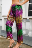 Sexy Sequins Lace Up Patchwork Contrast Loose Mid Waist Wide Leg Patchwork Bottoms