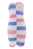 Sexy Colorblock Patchwork Backless Ruched Contrast Strapless Wrapped Skirt Dresses