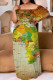Casual Print Patchwork Off Shoulder Long Plus Size Dresses