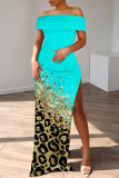 Casual Print Patchwork Slit Off Shoulder Long Dresses