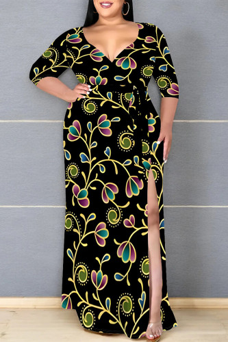Elegant Floral Print Lace Up Slit V Neck Printed Plus Size Dresses