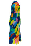 Street Print Patchwork Backless Strap Design O Neck Long Dresses