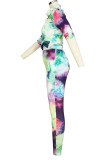 Casual Print Buckle Patchwork Turndown Collar Half Sleeve Two Pieces
