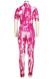 Casual Print Buckle Patchwork Turndown Collar Half Sleeve Two Pieces