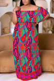 Casual Print Patchwork Off Shoulder Long Plus Size Dresses