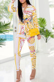 Casual Print Buckle Patchwork Turndown Collar Half Sleeve Two Pieces