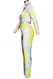 Casual Print Buckle Patchwork Turndown Collar Half Sleeve Two Pieces