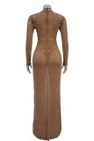 Sexy Patchwork Hot Drilling See-Through Half A Turtleneck Long Dresses