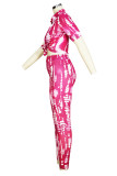Casual Print Buckle Patchwork Turndown Collar Half Sleeve Two Pieces