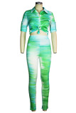 Casual Print Buckle Patchwork Turndown Collar Half Sleeve Two Pieces