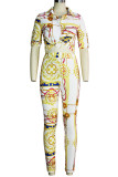 Casual Print Buckle Patchwork Turndown Collar Half Sleeve Two Pieces