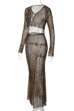 Sexy Leopard Print Patchwork V Neck Long Sleeve Two Pieces