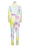Casual Print Buckle Patchwork Turndown Collar Half Sleeve Two Pieces