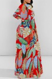 Casual Leaf Print Basic O Neck Long Dresses