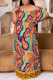 Casual Print Patchwork Off Shoulder Long Plus Size Dresses