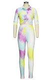Casual Print Buckle Patchwork Turndown Collar Half Sleeve Two Pieces