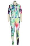 Casual Print Buckle Patchwork Turndown Collar Half Sleeve Two Pieces