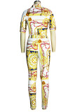 Casual Print Buckle Patchwork Turndown Collar Half Sleeve Two Pieces