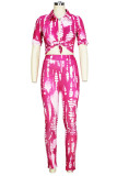 Casual Print Buckle Patchwork Turndown Collar Half Sleeve Two Pieces