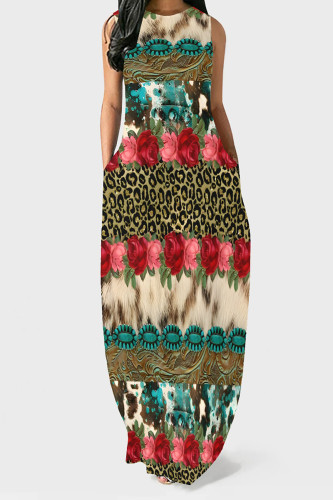 Casual Geometric Print Leopard Print Pocket Contrast O Neck Printed Dresses