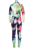 Casual Print Buckle Patchwork Turndown Collar Half Sleeve Two Pieces