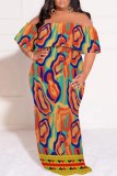 Casual Print Patchwork Off Shoulder Long Plus Size Dresses