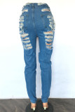Sexy Solid Color Ripped Buttons Zipper High Waist Skinny Denim Jeans