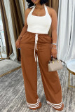 Casual Stripe Draw String Pocket Patchwork Contrast Loose Mid Waist Wide Leg Patchwork Bottoms