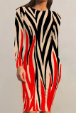 Striped Print Contrast O Neck Printed Dresses