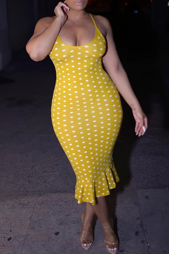 Sexy Polka Dot Patchwork Backless Spaghetti Strap Sling Plus Size Dresses