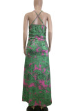 Elegant Print Patchwork Backless Strap Design Spaghetti Strap Sling Dresses