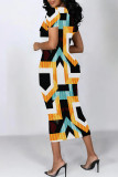 Casual Geometric Print Graffiti Print Contrast O Neck One Step Skirt Short Sleeve Dress