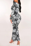 Casual Geometric Print Snakeskin Print Contrast O Neck One Step Skirt Dresses