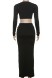 Sexy Solid Color Hollow Out Patchwork Asymmetrical Collar Long Sleeve Two Pieces